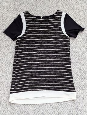 RW&CO Womens (XS) Black & Ivory Short Sleeve Sweater/Top w/Soft Woven-In Glitter